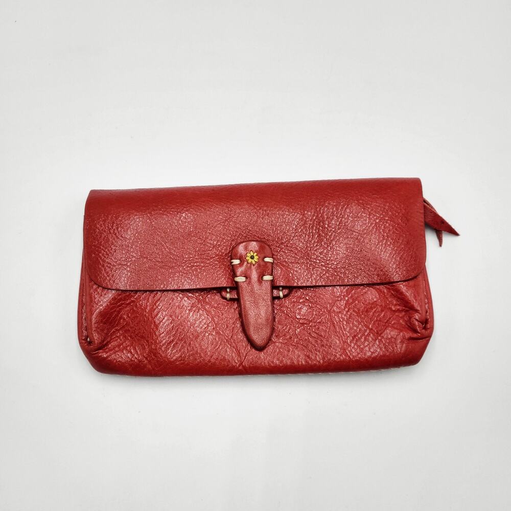 Fredd + Basha Red Leather Snap Button Closure Large Accordion Wallet Boho Chic